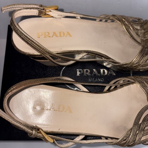 Vintage Prada Heels Gold Slingback Size EUR 37 US 7 with Box & Shoe Bags - Picture 7 of 16
